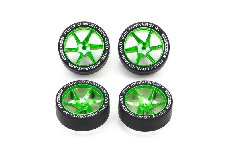 Tamiya 95666 - Jr Fully Cowled Mini 4WD 30th Anniversary Super Hard Low Profile Tires & Matte Green Plated Wheels